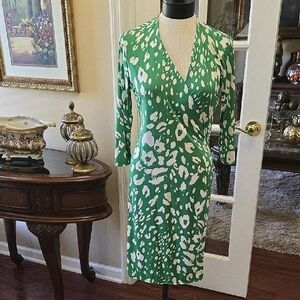 Perfectly Priscilla Elegant Green White Leopard Print 3/4 Sleeve WrapDress L NEW